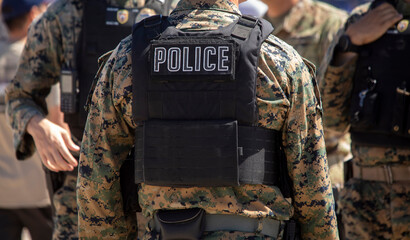 Police written on a body armor vest that is over camouflage military fatigues