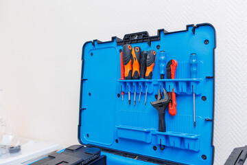 A large box of repair tools. Tools for the repairman