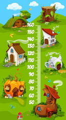 Kids height chart with cartoon fairy homes dwellings. Growth measure chart with fantasy creatures houses, stump, boot and pumpkin hut o dugout. Height measure ruler or growth meter vector wall poster
