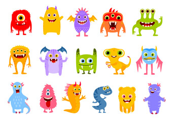 Cartoon funny monster characters. Cute comic halloween joyful personages. Isolated vector devils, goblins, ugly aliens, kawaii smiling creatures. Mutants with horns, wings, fangs and eyes, tongues - obrazy, fototapety, plakaty