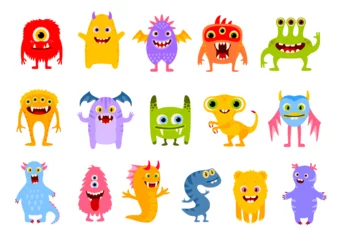 Muurstickers Monster Grappige monster stripfiguren. Leuke grappige halloween vrolijke personages. Geïsoleerde vectorduivels, goblins, lelijke aliens, kawaii lachende wezens. Mutanten met horens, vleugels, hoektanden en ogen, tongen