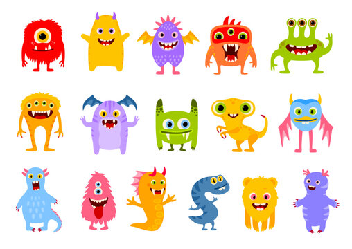 Cartoon funny monster characters. Cute comic halloween joyful personages. Isolated vector devils, goblins, ugly aliens, kawaii smiling creatures. Mutants with horns, wings, fangs and eyes, tongues
