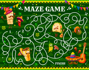 Labyrinth maze with vector mexican tacos, avocado and chimichanga, jalapeno and tamale cartoon characters. Kids educational game or puzzle worksheet with mexican food