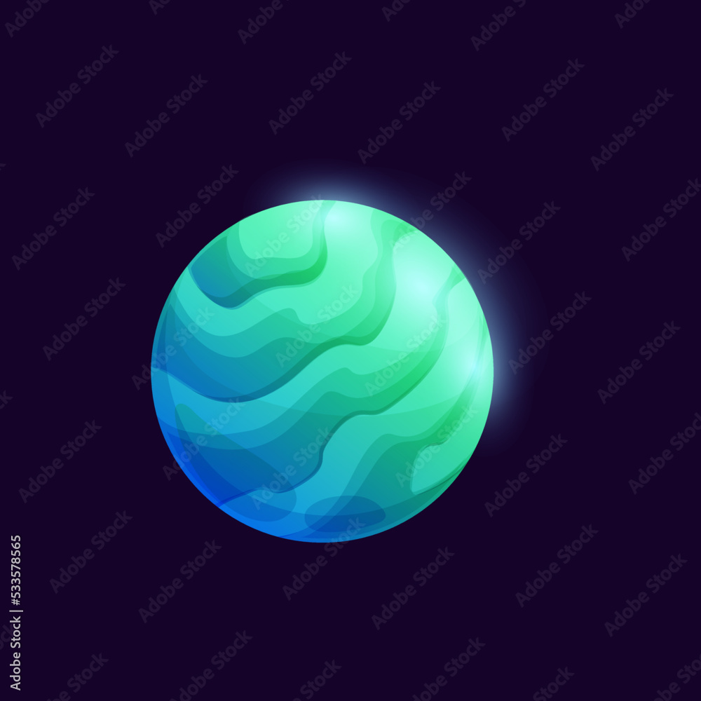 Poster mysterious green space planet. vector glowing sphere with spiral atmosphere. galaxy globe in univers