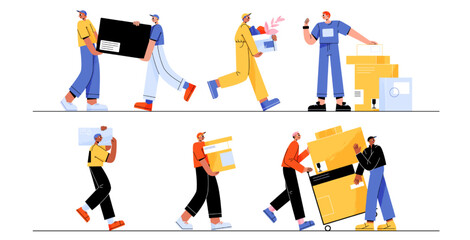 Set of moving service workers carrying boxes. Flat vector illustration of young men transporting heavy packages with home of office stuff. Delivery employees bringing parcels isolated on white