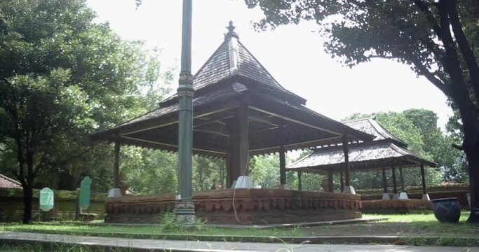Wooden pavilion architecture of the inner court of ancient old palace of Keraton Kasepuhan Cirebon, West Java, Indonesia. left track