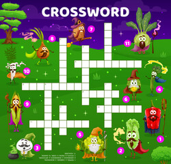 Fototapeta premium Crossword quiz game grid. Cartoon vegetable wizard, mage and magician characters. Kids crossword game, word search quiz vector worksheet with cute onion, radish and potato, bean, corn and artichoke