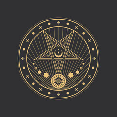 Pentagram, esoteric circle, occult magic and tarot symbol, vector pentacle, star and ankh. Esoteric and occult pentagram with sun and moon, alchemy, tarot occultism and wicca pagan ritual sign - obrazy, fototapety, plakaty