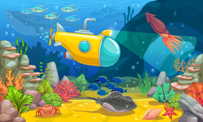 Underwater game landscape with submarine. Cartoon vector sea bottom with fishes, corals, marine plants and animals. Tropical ocean floor scene with bathyscaphe illuminate hidden cave or grotto in rock