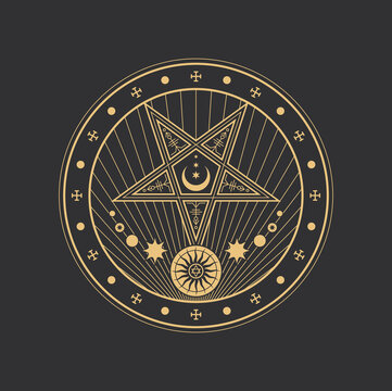 Pentagram, esoteric circle, occult magic and tarot symbol, vector pentacle, star and ankh. Esoteric and occult pentagram with sun and moon, alchemy, tarot occultism and wicca pagan ritual sign