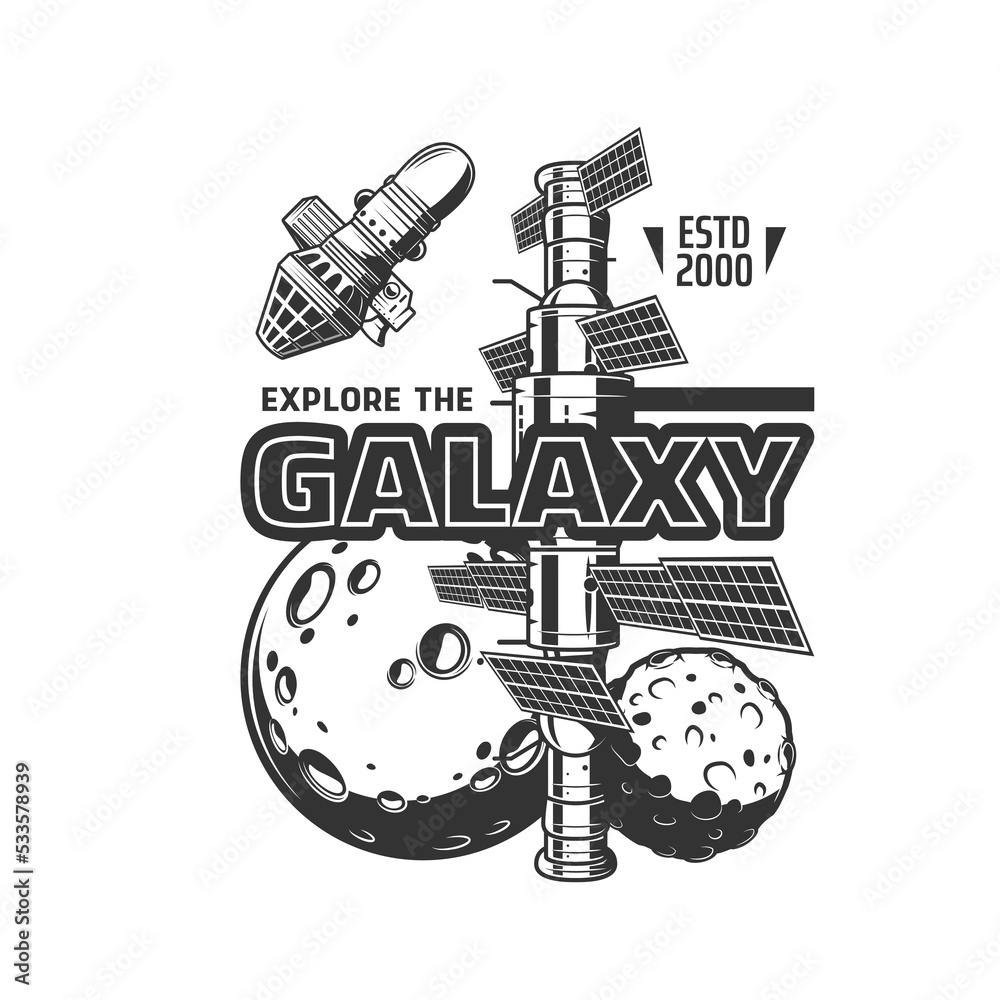 Poster galaxy exploration icon with vector space planets, spaceship and satellite. isolated shuttle or spac