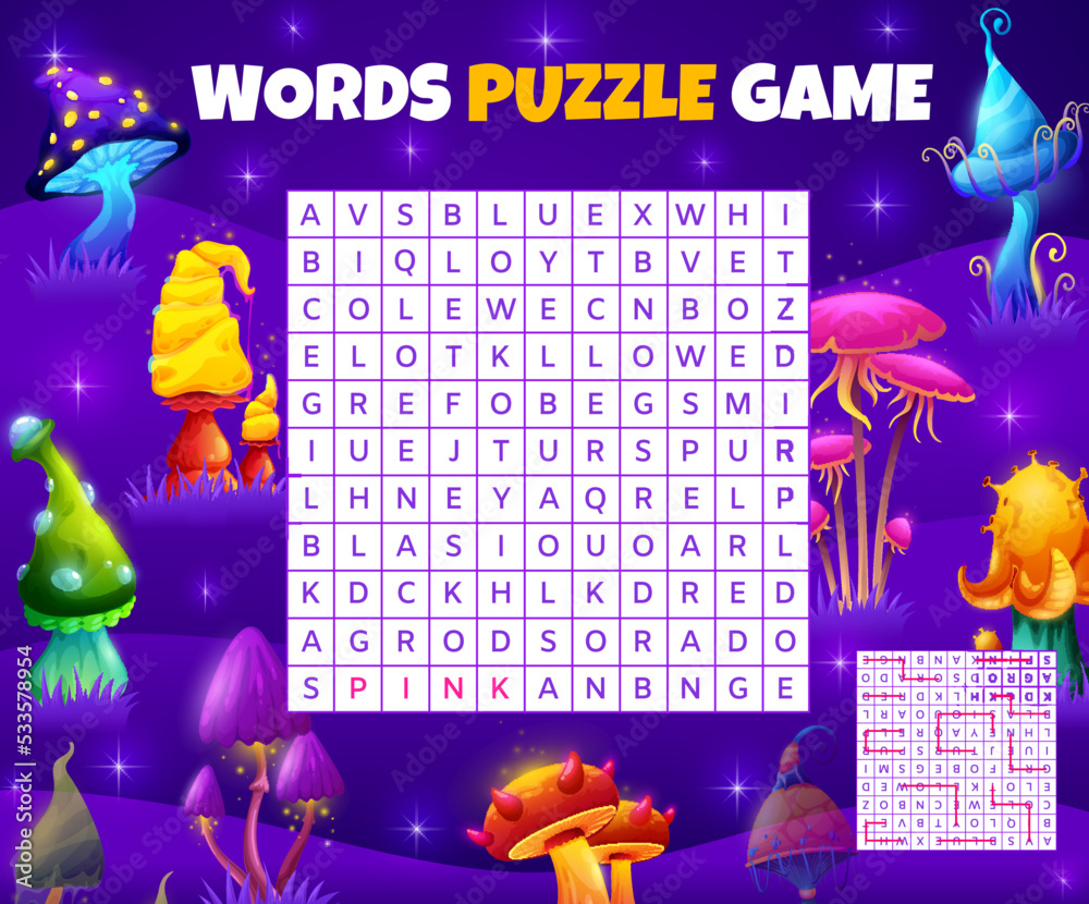 Poster Magic mushrooms. Word search puzzle game worksheet. Children educational text game or vocabulary quiz, kids word search intelligence test or riddle vector page with magical fantasy, glowing mushrooms