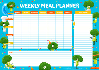 Weekly meal planner with cartoon funny broccoli characters. Healthy food week timetable, meal cooking weekly journal or diet schedule with water skiing, sunbathing, doing fitness broccoli personage