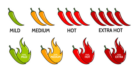 Fototapeta Spicy level labels. Hot tabasco or ketchup sauce, meal spicy mild, medium hot and extra levels vector symbols, indicators or stickers with flaming green, orange and red chilli or jalapeno peppers obraz