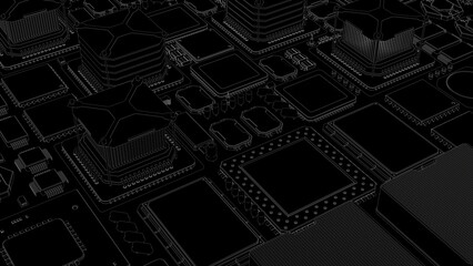 CPU chips on the motherboard . monochrome 3d illustration in black with outline lines