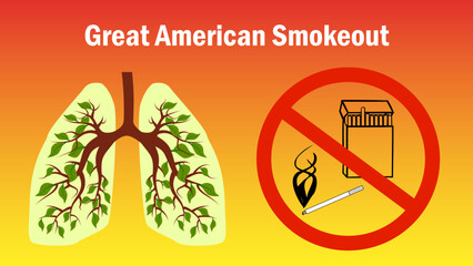 Banner with red prohibitory sign with cigarettes and healthy green lungs. Cartoon style. Vector.