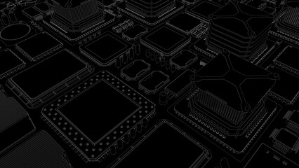 CPU chips on the motherboard . monochrome 3d illustration in black with outline lines