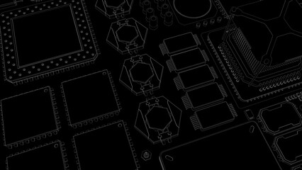 CPU chips on the motherboard . monochrome 3d illustration in black with outline lines