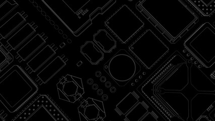 CPU chips on the motherboard . monochrome 3d illustration in black with outline lines