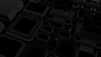CPU chips on the motherboard . monochrome 3d illustration in black with outline lines