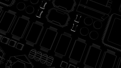 CPU chips on the motherboard . monochrome 3d illustration in black with outline lines