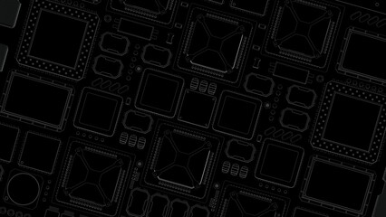 CPU chips on the motherboard . monochrome 3d illustration in black with outline lines