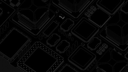 CPU chips on the motherboard . monochrome 3d illustration in black with outline lines