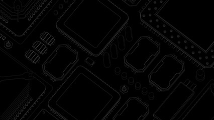 CPU chips on the motherboard . monochrome 3d illustration in black with outline lines