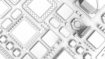 CPU chips on the motherboard . monochrome 3d illustration in white with shadows with contour lines
