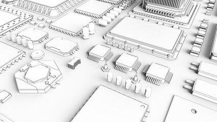 CPU chips on the motherboard . monochrome 3d illustration in white with shadows with contour lines