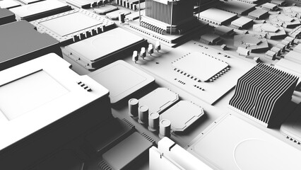 CPU chips on the motherboard . monochrome 3d illustration in white with shadows with contour lines