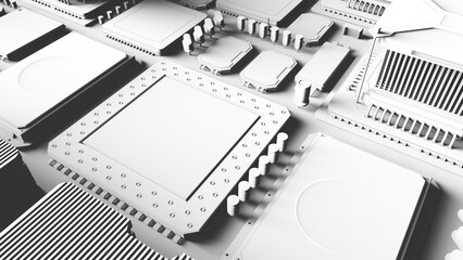 CPU chips on the motherboard . monochrome 3d illustration in white with shadows with contour lines