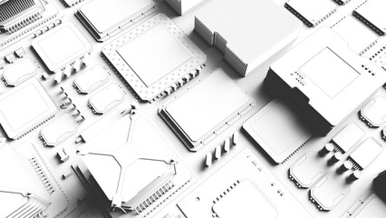 CPU chips on the motherboard . monochrome 3d illustration in white with shadows with contour lines