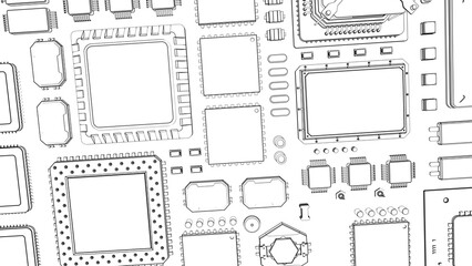 CPU chips on the motherboard . monochrome 3d illustration in white with outline lines