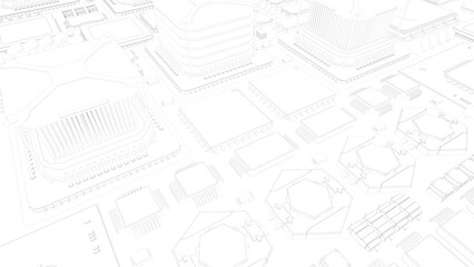 CPU chips on the motherboard . monochrome 3d illustration in white with outline lines