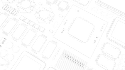 CPU chips on the motherboard . monochrome 3d illustration in white with outline lines