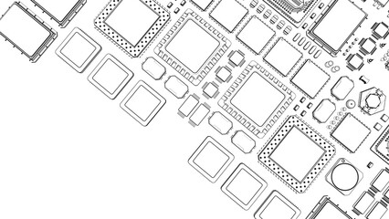 CPU chips on the motherboard . monochrome 3d illustration in white with outline lines