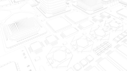CPU chips on the motherboard . monochrome 3d illustration in white with outline lines