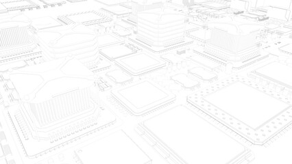 CPU chips on the motherboard . monochrome 3d illustration in white with outline lines