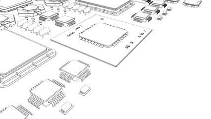 CPU chips on the motherboard . monochrome 3d illustration in white with outline lines