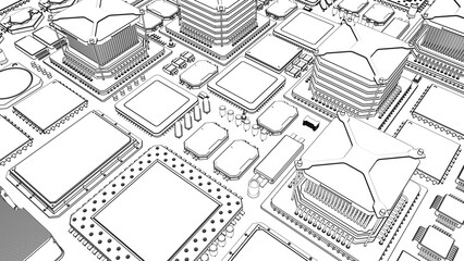 CPU chips on the motherboard . monochrome 3d illustration in white with outline lines