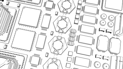 CPU chips on the motherboard . monochrome 3d illustration in white with outline lines