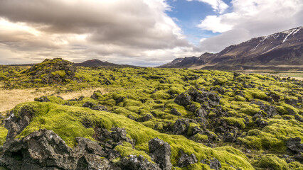 Lava fields stretching along the mountains in the north of Iceland