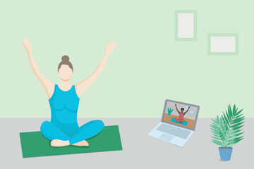 Online yoga class. A girl watches an online yoga lesson on a laptop and trains at home. Faceless illustration concept