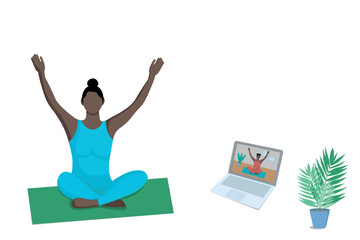 Online yoga classes. A dark-skinned girl watches an online yoga lesson on a laptop and trains at home. Faceless illustration, concept. Isolate on white