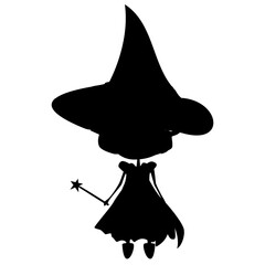 Fototapeta premium Black silhouette of sorceress in dress and witches hat and magic wand in hand isolated on white background. Design element.