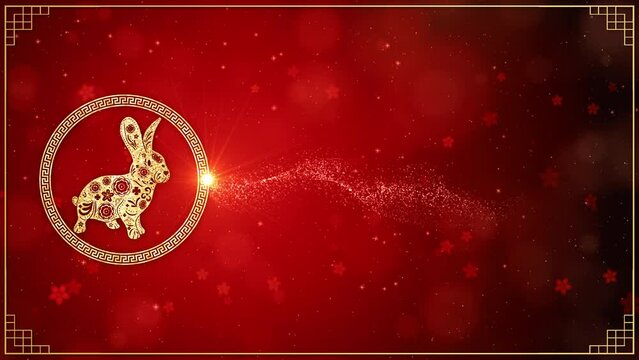 Chinese Zodiac Rabbit 2023. Chinese New Year Celebration Background, Golden and Red with Particle for Chinese Decorative Classic Festive Background for a Holiday.