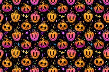 seamless pattern of cartoon sad halloween pumpkins