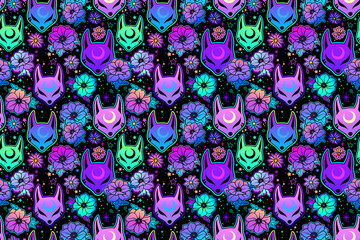 seamless pattern with colorful Japanese fox masks and flowers
