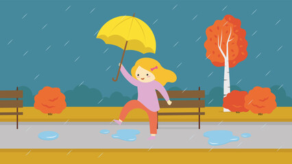 Obraz na płótnie Canvas Girl jumping through the puddles under an umbrella in the park
